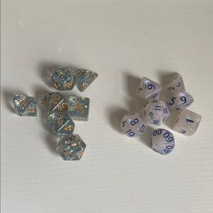 2 Resin RPG Dice Sets - Blue Gold Glitter & Pearl White with Blue Numbers